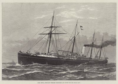 HMS Hecla, vapeur marchand acheté et équipé pour la Royal Navy (gravure) - English School