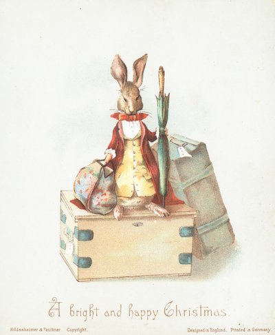 Lièvre avec bagages et parapluie, Carte de Noël - English School