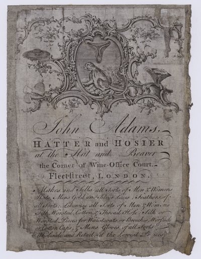 Carte de visite de John Adams, chapelier - English School