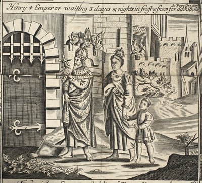 Henri IV empereur attendant 3 jours et nuits dans le gel et la neige pour être admis auprès du pape Grégoire, illustration des Actes et Monuments de John Foxe, neuvième édition, pub. 1684 - English School