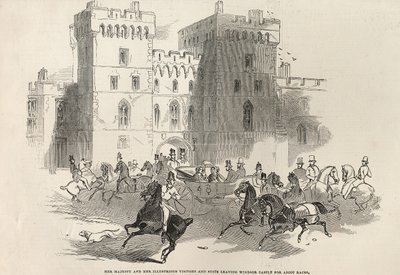 Sa Majesté et ses illustres visiteurs et suite quittant le château de Windsor pour les courses d