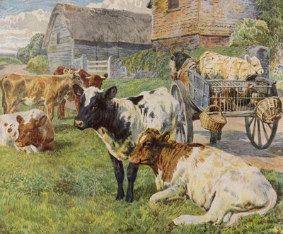 Troupeau de vaches et un veau dans une charrette tirée par des chevaux - English School