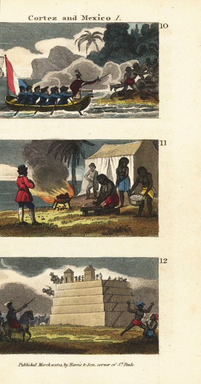 Hernan Cortez débarquant à Tabasco, Mexique, présenté avec 20 femmes dont Marina par les Mayas et détruisant un temple et des idoles mayas - English School
