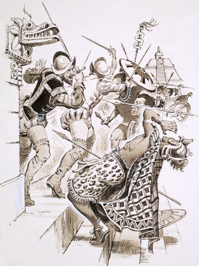 Hernando Cortes et ses soldats résistent aux attaques aztèques - English School