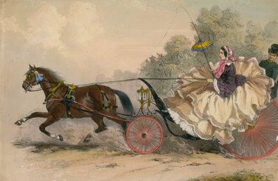 Cheval et voiture à grande vitesse avec une dame au fouet ; prostitution - English School