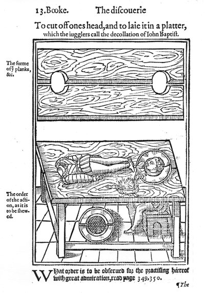 Comment se couper la tête et la poser sur un plateau, 1584 (gravure sur bois) - English School