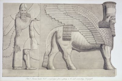 Taureau à tête humaine et figure ailée d