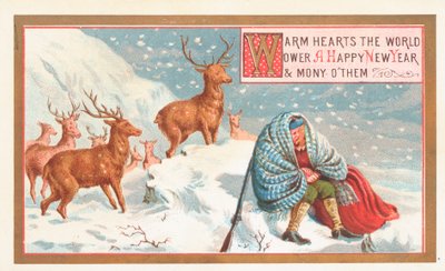 Chasseur et cerfs dans la neige - English School