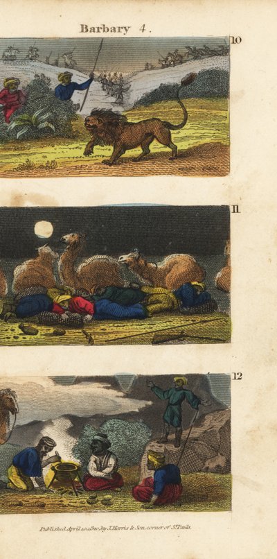 Chasse aux lions dans les États barbaresques, chameaux et conducteurs dormant dans le désert et Arabes invitant les voyageurs à dîner - English School