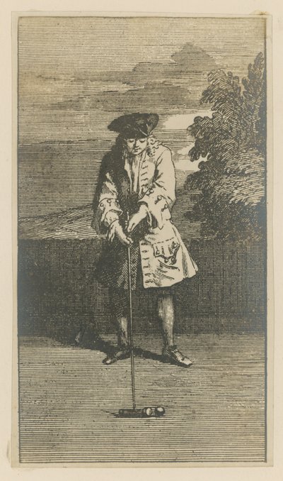 Illustration représentant un homme jouant au croquet - English School