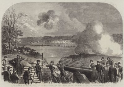 Illustrations de la guerre en Amérique, la batterie de Howlett sur la rivière James engageant les moniteurs fédéraux - English School