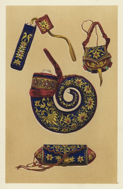 Corne à poudre indienne et trois pièces de mobilier à mèche (chromolithographie) - English School