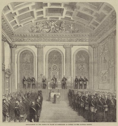 Installation du prince de Galles à Édimbourg en tant que patron des maçons écossais (gravure) - English School