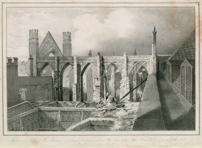 Vue intérieure des Chambres des Lords et des Communes le jour après les incendies prise du sommet de Westminster Hall - English School