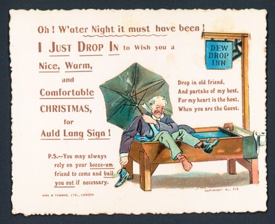 Homme ivre dans un abreuvoir à chevaux!, carte de Noël - English School