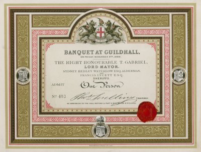 Invitation à un banquet au Guildhall, Londres, le 9 novembre 1866 - English School