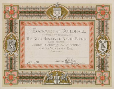 Invitation à un banquet au Guildhall, Londres, le 9 novembre 1869 - English School
