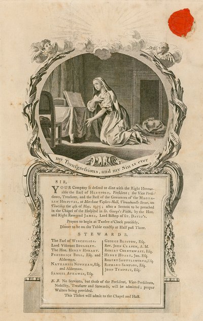 Invitation à dîner avec le très honorable comte de Hertford le 4 mai 1775 - English School