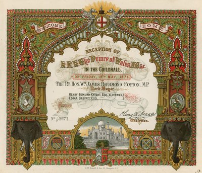 Invitation à la réception de SAR le Prince de Galles au Guildhall, Londres, le 19 mai 1876 - English School