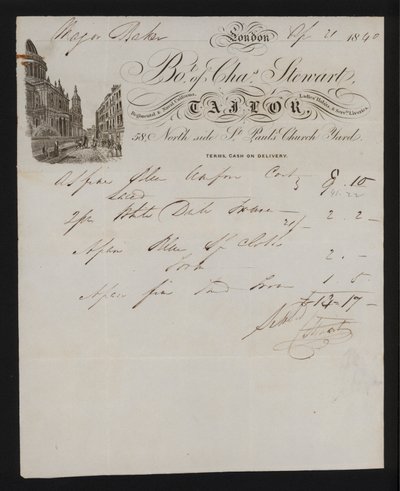 Facture de Charles Stewart, tailleur, St Paul