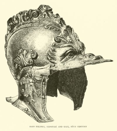 Casque en fer, repoussé et doré, XVIe siècle - English School
