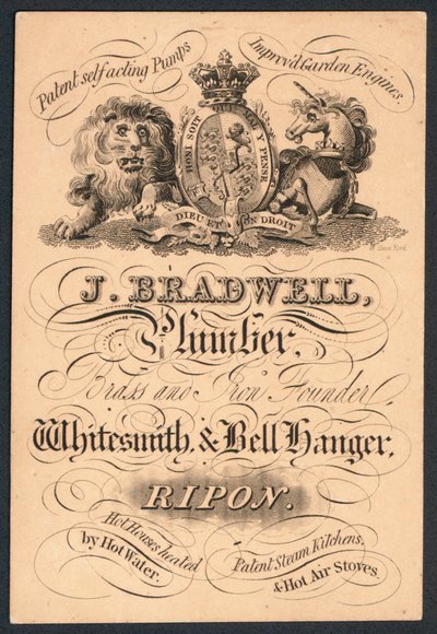 Carte de visite de J Bradwell, plombier, fondeur de laiton et de fer, ferblantier et poseur de cloches - English School