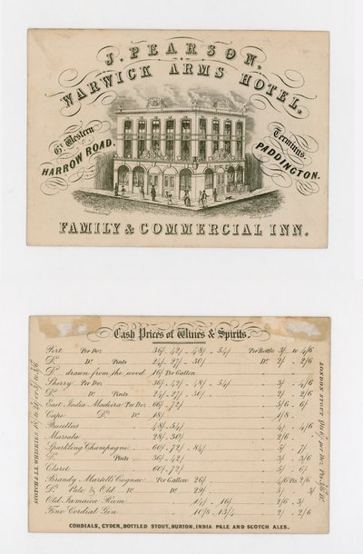 J Pearson, Warwick Arms Hotel, carte de visite (recto et verso) - English School
