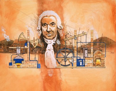 James Watt avec des fours et des pompes mécaniques en arrière-plan - English School
