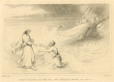 Jésus marchant sur la mer et soutenant Pierre, Matthieu XIV, 24-33 (gravure) - English School