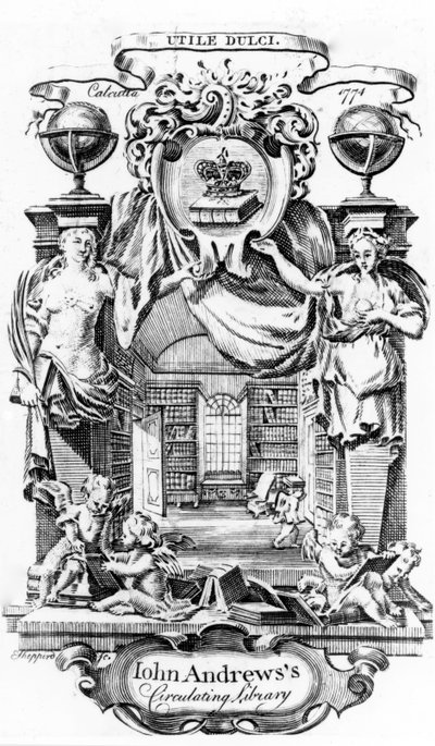 Ex-libris de la bibliothèque circulante de John Andrews par Joseph Shepperd, publié à Calcutta, 1774 - English School
