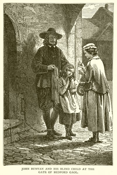 John Bunyan et son enfant aveugle à la porte de la prison de Bedford - English School