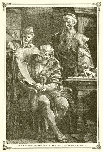 John Gutenberg montrant une partie du premier livre imprimé à Faust - English School