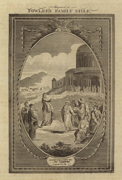 Jonas prêchant aux Ninivites, Jonas, Chapitre 3, Verset 4 - English School