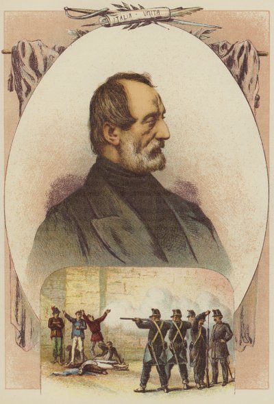 Joseph Mazzini, citoyens fusillés pour avoir lu le journal de Mazzini (lithographie en couleur) - English School