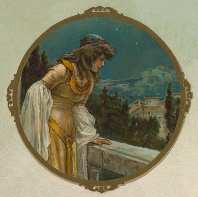 Juliette sur son balcon, scène de Roméo et Juliette de Shakespeare (chromolithographie) - English School