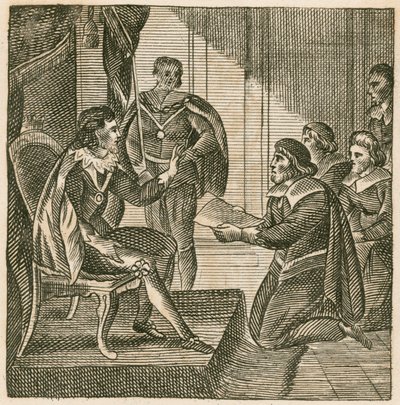 Le roi Charles Ier recevant une pétition des Communes pour leur attribuer le pouvoir de lever des armées (gravure) - English School