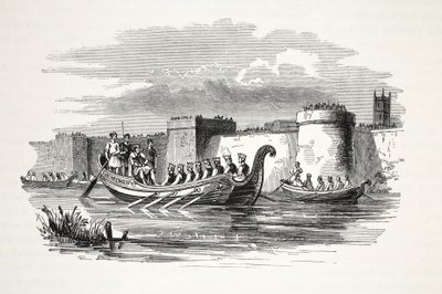 Le roi Edgar ramé par huit rois sur la rivière Dee, publié au 19ème siècle (gravure sur acier) - English School