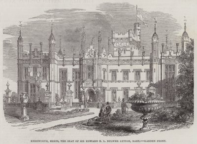 Knebworth, Herts, la résidence de Sir Edward E L Bulwer Lytton, baronnet, façade du jardin (gravure) - English School