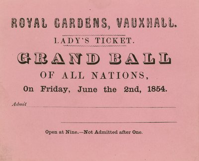 Billet de dame, jardins de Vauxhall, Londres, pour le 2 juin 1854 - English School