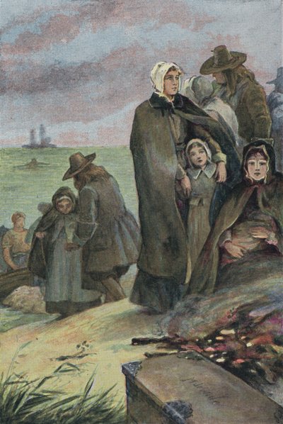 Débarquement des Pères Pèlerins en Amérique après leur voyage à bord du Mayflower, 1620 - English School