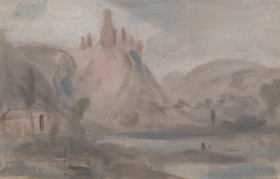 Paysage avec un château sur une colline, précédemment attribué à J.M.W. Turner (1775-1851) et aussi attribué à Peter de Wint (1784-1849) - English School