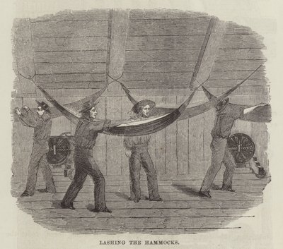 Amarrage des hamacs (gravure) - English School