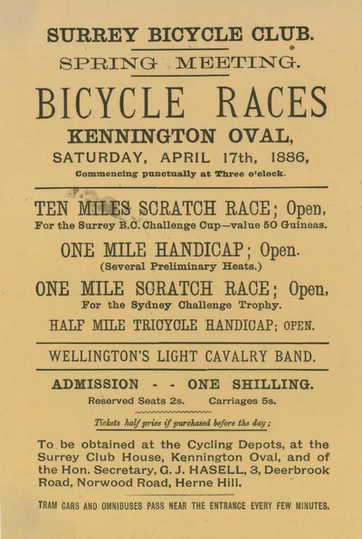 Prospectus publicitaire pour les courses de vélos à Kennington Oval, 17 avril 1886 - English School