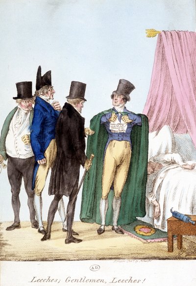 Sangsues, Messieurs, sangsues : dessin humoristique anglais sur un médecin sûr de lui, avec un malade - English School