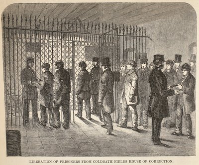 Libération des prisonniers de la maison de correction de Coldbath Fields, illustration de The Criminal Prisons of London and Scenes from Prison Life par Henry Mayhew et John Binny, pub. 1862 - English School