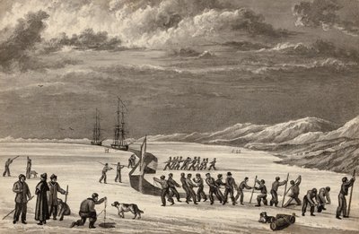 Premier voyage du lieutenant William Parry : Les équipages du H.M.S. Hecla et du H.M.S. Griper coupant dans Winter Harbour, vers 1819 - English School