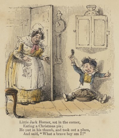 Petit Jack Horner, assis dans le coin, Mangeant une tarte de Noël, Il a mis son pouce, et a sorti une prune, Et a dit, "Quel brave garçon je suis!" - English School