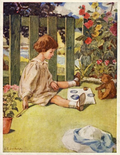Petite fille jouant à prendre le thé dans le jardin avec son ours en peluche - English School