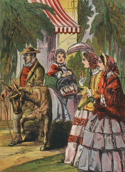 Petite fille chevauchant un âne (lithographie couleur) - English School