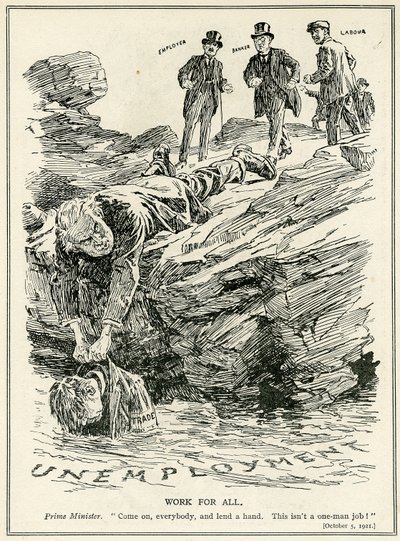 Lloyd George demandant aux employeurs, banquiers et ouvriers de coopérer pour vaincre le chômage, 1921 - English School